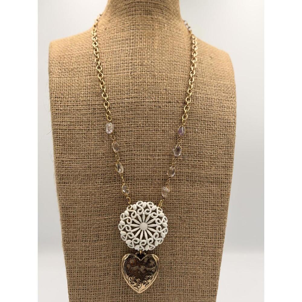 UPCYCLED VINTAGE MONET WHITE ENAMELED ROUND FILIGREE BROOCH PIN NECKLACE